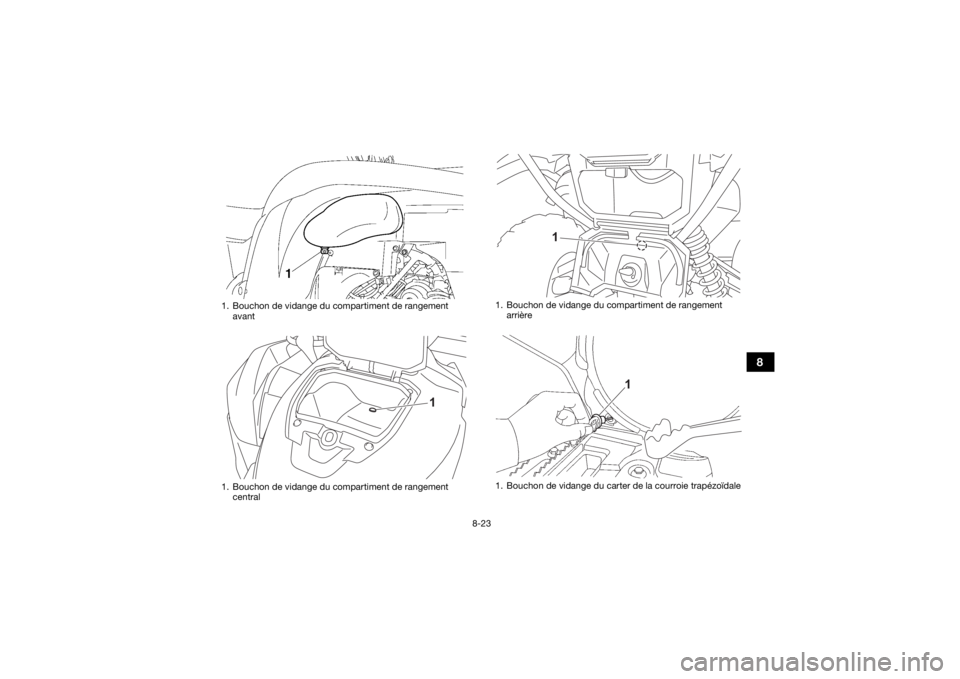 YAMAHA GRIZZLY 700 2021  Notices Demploi (in French) 8-23
8
1. Bouchon de vidange du compartiment de rangement avant
1. Bouchon de vidange du compartiment de rangement  central
1
1. Bouchon de vidange du compartiment de rangement arrière
1. Bouchon de 