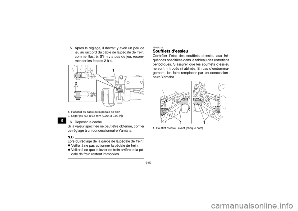YAMAHA GRIZZLY 700 2021  Notices Demploi (in French) 9-52
95. Après le réglage, il devrait y avoir un peu de
jeu au raccord du câble de la pédale de frein,
comme illustré. S’il n’y a pas de jeu, recom-
mencer les étapes 2 à 4.
6. Reposer le c