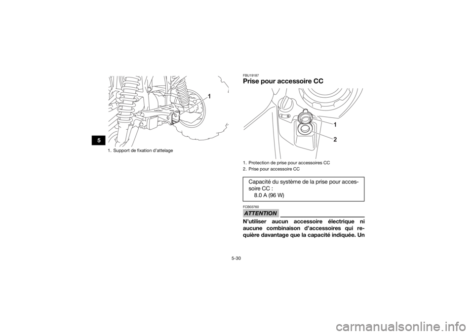 YAMAHA GRIZZLY 700 2021  Notices Demploi (in French) 5-30
5
FBU19187Prise pour accessoire CCATTENTIONFCB03760N’utiliser aucun accessoire électrique ni
aucune combinaison d’accessoires qui re-
quière davantage que la capacité indiquée. Un
1. Supp