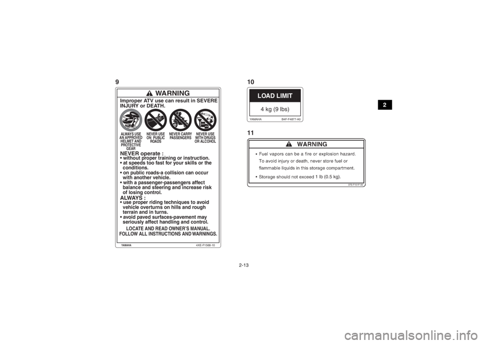 YAMAHA GRIZZLY 700 2020 Owners Manual 2-13
2
1 lb (0.5 kg).
37S-F151F-00
LOAD LIMIT4 kg (9 lbs)
B4F-F4877-A0
YAMAHA
WARNING
Improper ATV use can result in SEVERE
INJURY or DEATH.ALWAYS USE
AN APPROVED HELMET ANDPROTECTIVE GEAR NEVER USE
O