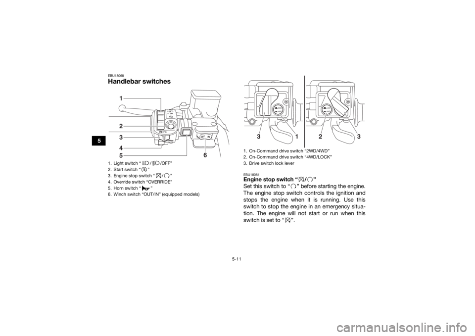 YAMAHA GRIZZLY 700 2020  Owners Manual 5-11
5
EBU18068Handlebar switches
EBU18081Engine stop switch “ / ”
Set this switch to “ ” before starting the engine.
The engine stop switch controls the ignition and
stops the engine when it 