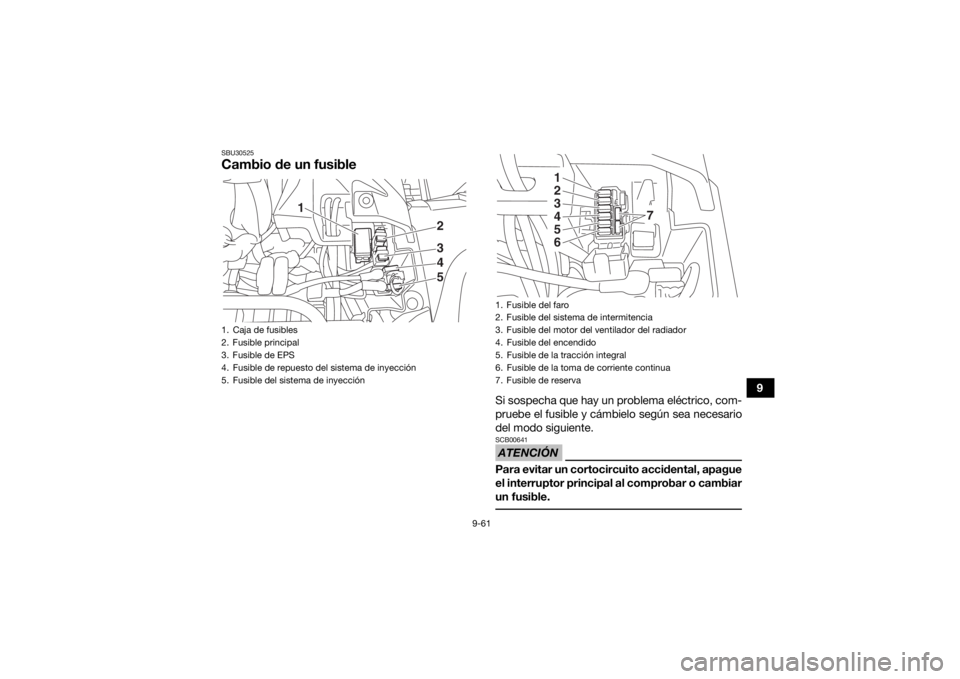 YAMAHA GRIZZLY 700 2020 Manuale de Empleo (in Spanish) 9-61
9
SBU30525Cambio de un fusible
Si sospecha que hay un problema eléctrico, com-
pruebe el fusible y cámbielo según sea necesario
del modo siguiente.ATENCIÓNSCB00641Para evitar un cortocircuito YAMAHA GRIZZLY 700 2020 Manuale de Empleo (in Spanish) 9-61
9
SBU30525Cambio de un fusible
Si sospecha que hay un problema eléctrico, com-
pruebe el fusible y cámbielo según sea necesario
del modo siguiente.ATENCIÓNSCB00641Para evitar un cortocircuito