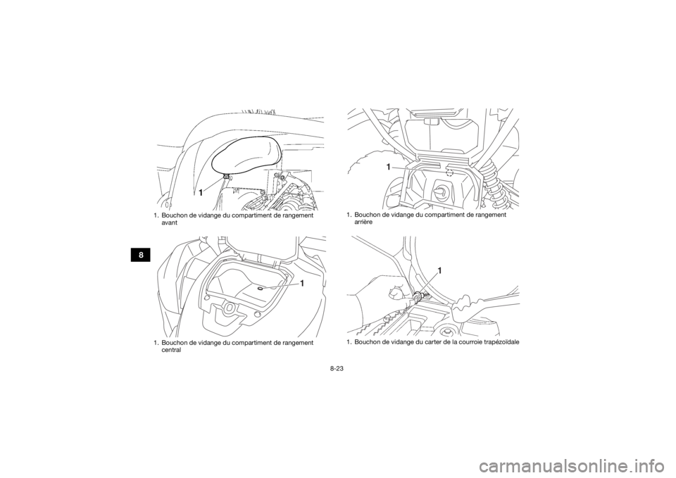 YAMAHA GRIZZLY 700 2020 Notices Demploi (in French) 8-23
8
1. Bouchon de vidange du compartiment de rangement avant
1. Bouchon de vidange du compartiment de rangement central
1
1. Bouchon de vidange du compartiment de rangement arrière
1. Bouchon de YAMAHA GRIZZLY 700 2020 Notices Demploi (in French) 8-23
8
1. Bouchon de vidange du compartiment de rangement avant
1. Bouchon de vidange du compartiment de rangement central
1
1. Bouchon de vidange du compartiment de rangement arrière
1. Bouchon de