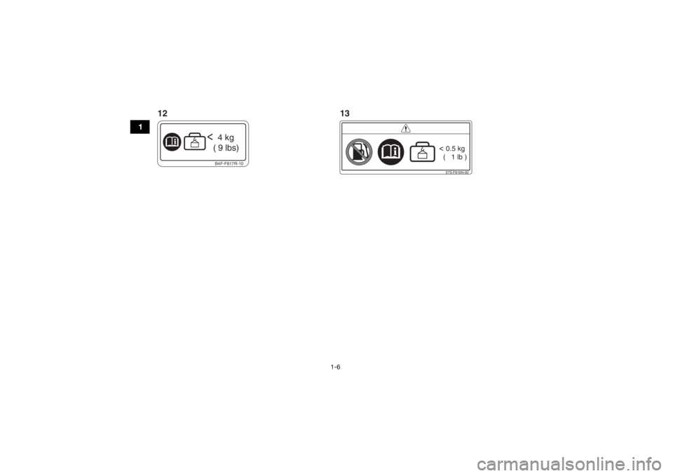 YAMAHA GRIZZLY 700 2019 User Guide 1-6
1
37S-F816N-00< 0.5 kg
  (   1 lb )
B4F-F817R-10<  4 kg
    (  9  lbs)
12 13UB4F60E0.book  Page 6  Wednesday, April 25, 2018  11:52 AM 