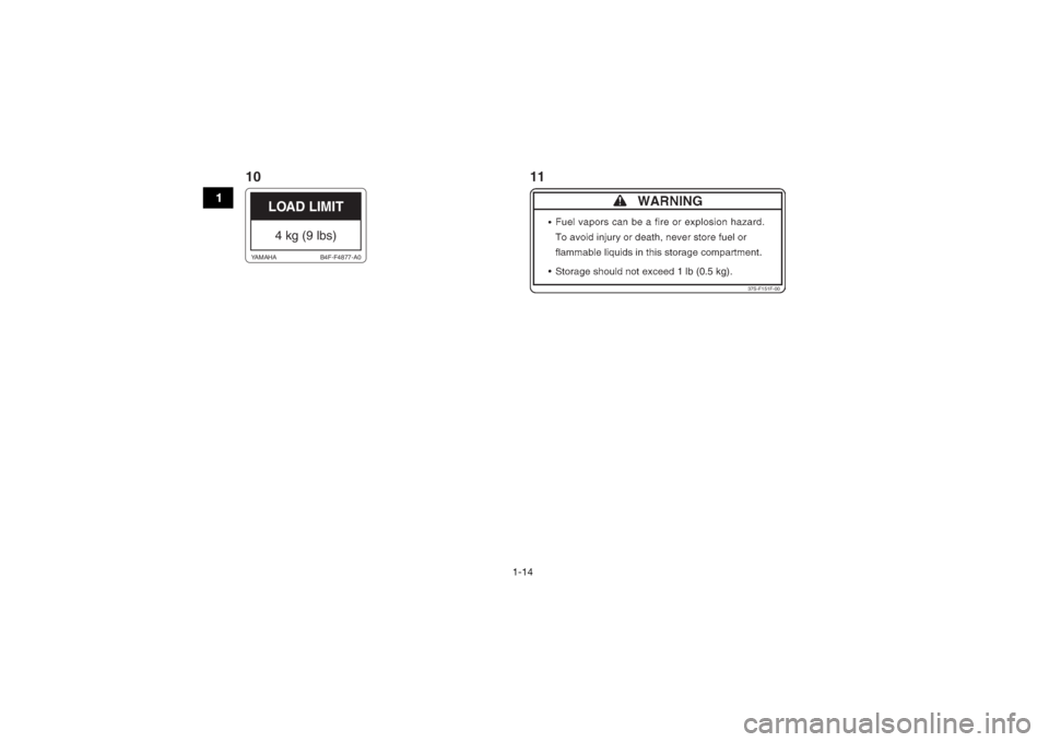 YAMAHA GRIZZLY 700 2019 Owners Manual 1-14
1
1 lb (0.5 kg).
37S-F151F-00
LOAD LIMIT4 kg (9 lbs)
B4F-F4877-A0
YAMAHA
10 11UB4F60E0.book Page 14 Wednesday, April 25, 2018 11:52 AM YAMAHA GRIZZLY 700 2019 Owners Manual 1-14
1
1 lb (0.5 kg).
37S-F151F-00
LOAD LIMIT4 kg (9 lbs)
B4F-F4877-A0
YAMAHA
10 11UB4F60E0.book Page 14 Wednesday, April 25, 2018 11:52 AM