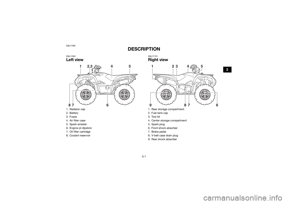 YAMAHA GRIZZLY 700 2019 Owners Guide 3-1
3
EBU17681
DESCRIPTION
EBU17691Left view
EBU17701Right view
1. Radiator cap
2. Battery
3. Fuses
4. Air filter case
5. Spark arrester
6. Engine oil dipstick
7. Oil filter cartridge
8. Coolant reser