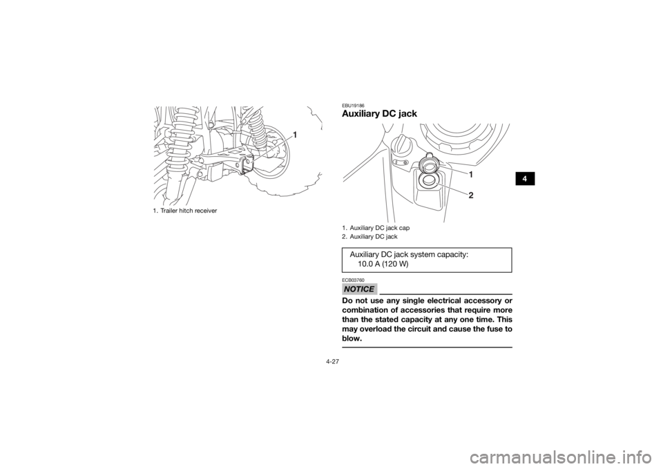 YAMAHA GRIZZLY 700 2019 Workshop Manual 4-27
4
EBU19186Auxiliary DC jackNOTICEECB03760Do not use any single electrical accessory or
combination of accessories that require more
than the stated capacity at any one time. This
may overload the