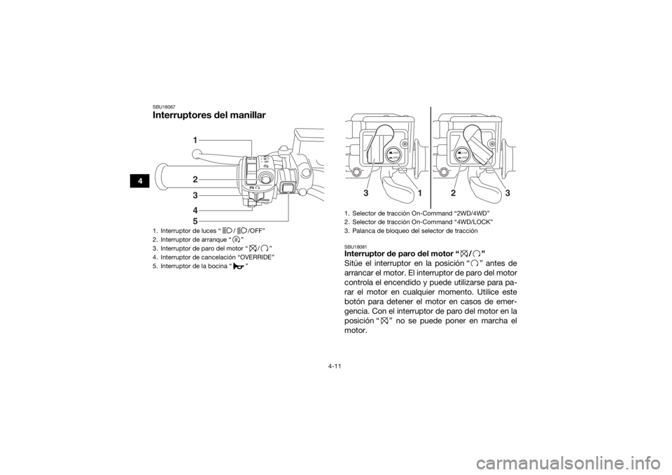YAMAHA GRIZZLY 700 2019 Manuale de Empleo (in Spanish) 4-11
4
SBU18067Interruptores del manillar
SBU18081Interruptor de paro del motor “ / ”
Sitúe el interruptor en la posición “ ” antes de
arrancar el motor. El interruptor de paro del motor
con YAMAHA GRIZZLY 700 2019 Manuale de Empleo (in Spanish) 4-11
4
SBU18067Interruptores del manillar
SBU18081Interruptor de paro del motor “ / ”
Sitúe el interruptor en la posición “ ” antes de
arrancar el motor. El interruptor de paro del motor
con