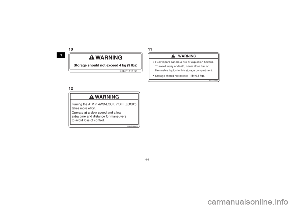 YAMAHA GRIZZLY 700 2018 Owners Manual 1-14
1
WARNING
Storage should not exceed 4 kg (9 lbs)
B16-F151F-01
1 lb (0.5 kg).
37S-F151F-00
5ND-F1558-00
Turning the ATV in 4WD-LOCK (“DIFF.LOCK”)
takes more effort.1011
12UB1A60E0.book Page YAMAHA GRIZZLY 700 2018 Owners Manual 1-14
1
WARNING
Storage should not exceed 4 kg (9 lbs)
B16-F151F-01
1 lb (0.5 kg).
37S-F151F-00
5ND-F1558-00
Turning the ATV in 4WD-LOCK (“DIFF.LOCK”)
takes more effort.1011
12UB1A60E0.book Page