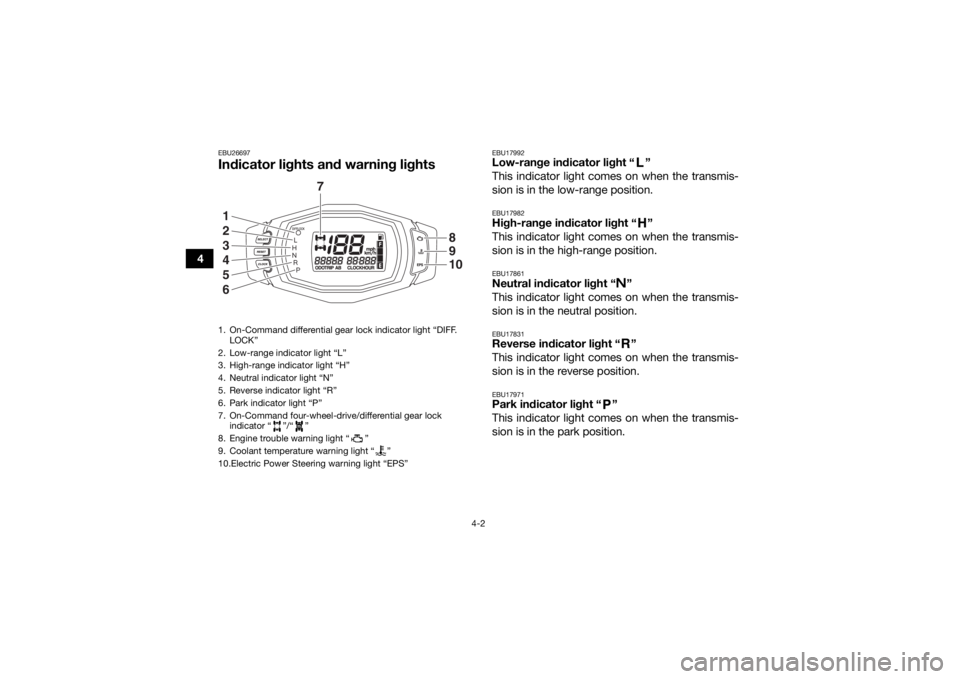 YAMAHA GRIZZLY 700 2018 Owners Guide 4-2
4
EBU26697Indicator lights and warning lights
EBU17992Low-range indicator light “ ”
This indicator light comes on when the transmis-
sion is in the low-range position.EBU17982High-range indic YAMAHA GRIZZLY 700 2018 Owners Guide 4-2
4
EBU26697Indicator lights and warning lights
EBU17992Low-range indicator light “ ”
This indicator light comes on when the transmis-
sion is in the low-range position.EBU17982High-range indic