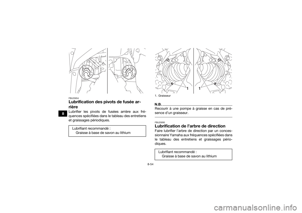 YAMAHA GRIZZLY 700 2018 Notices Demploi (in French) 8-54
8
FBU25054Lubrification des pivots de fusée ar-
rièreLubrifier les pivots de fusées arrière aux fré-
quences spécifiées dans le tableau des entretiens
et graissages périodiques.
N.B.Recou YAMAHA GRIZZLY 700 2018 Notices Demploi (in French) 8-54
8
FBU25054Lubrification des pivots de fusée ar-
rièreLubrifier les pivots de fusées arrière aux fré-
quences spécifiées dans le tableau des entretiens
et graissages périodiques.
N.B.Recou