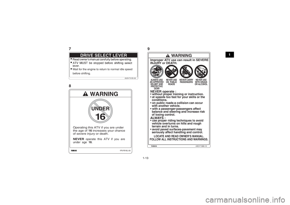 YAMAHA GRIZZLY 700 2017 Manuale de Empleo (in Spanish) 1-13
1
WARNING
NEVER
operate this ATV if you are
under age 16.Operating this ATV if you are under
the age of 16 increases your chance
of severe injury or death.
16
UNDER
1P0-F816L-00
Wait fo YAMAHA GRIZZLY 700 2017 Manuale de Empleo (in Spanish) 1-13
1
WARNING
NEVER
operate this ATV if you are
under age 16.Operating this ATV if you are under
the age of 16 increases your chance
of severe injury or death.
16
UNDER
1P0-F816L-00
Wait fo