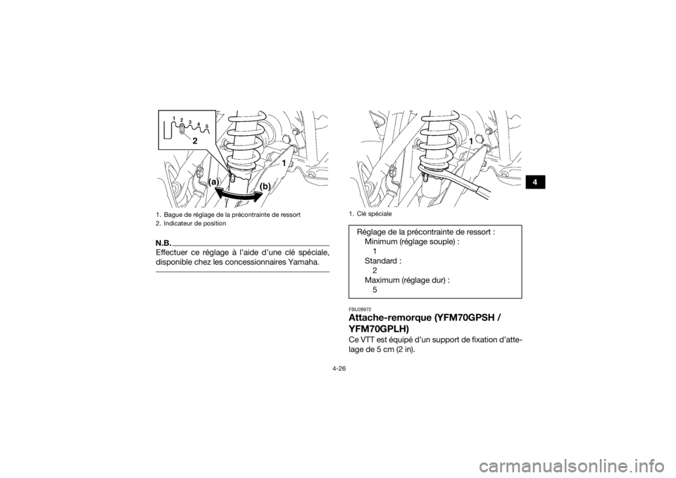 YAMAHA GRIZZLY 700 2017 Notices Demploi (in French) 4-26
4
N.B.Effectuer ce réglage à l’aide d’une clé spéciale,
disponible chez les concessionnaires Yamaha.
FBU28972Attache-remorque (YFM70GPSH /
YFM70GPLH)Ce VTT est équipé d’un support d YAMAHA GRIZZLY 700 2017 Notices Demploi (in French) 4-26
4
N.B.Effectuer ce réglage à l’aide d’une clé spéciale,
disponible chez les concessionnaires Yamaha.
FBU28972Attache-remorque (YFM70GPSH /
YFM70GPLH)Ce VTT est équipé d’un support d