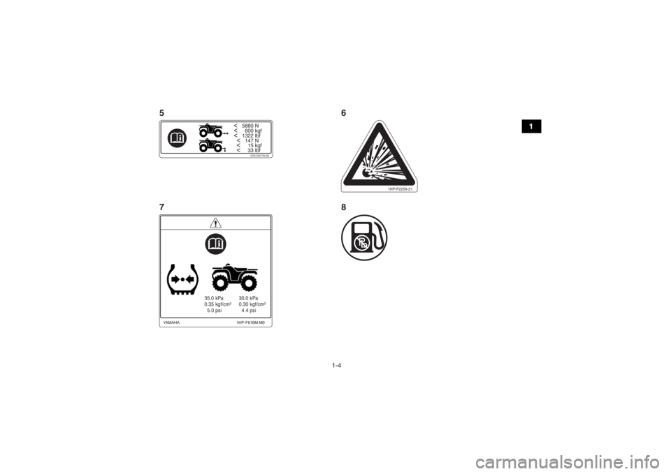 YAMAHA GRIZZLY 700 2016 User Guide 1-4
1
<   5880 N<     600 kgf<   1322 lbf
  <   147 N
  <     15 kgf
  <     33 lbf
37S-F817S-00
35.0 kPa
0.35 kgf/cm²
  5.0 psi 30.0 kPa
0.30 kgf/cm²
  4.4 psi
1HP-F816M-M0
YAMAHA
1HP-F2259-21
5
7 