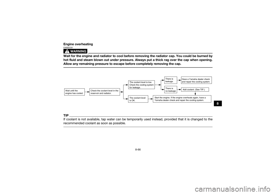 YAMAHA GRIZZLY 700 2016  Owners Manual 8-66
8
Engine overheating
WARNING
EWB02291Wait for the engine and radiator to cool before removing the radiator cap. You could be burned by
hot fluid and steam blown out under pressure. Always put a t