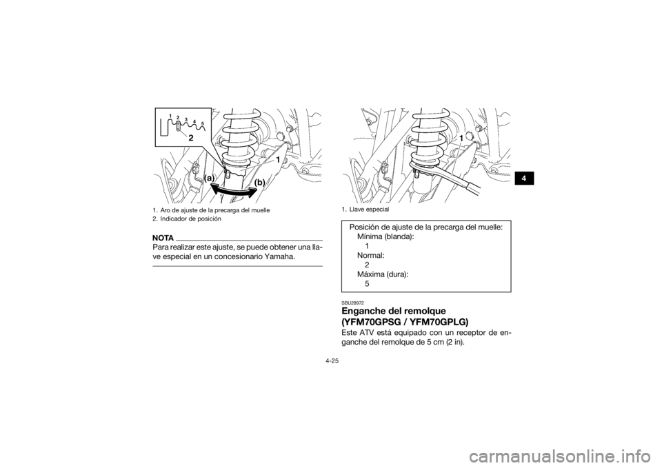 YAMAHA GRIZZLY 700 2016  Manuale de Empleo (in Spanish) 4-25
4
NOTAPara realizar este ajuste, se puede obtener una lla-
ve especial en un concesionario Yamaha. 
SBU28972Enganche del remolque 
(YFM70GPSG / YFM70GPLG)Este ATV está equipado con un receptor d