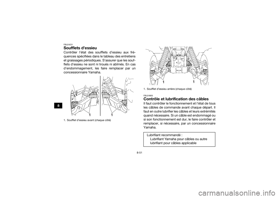 YAMAHA GRIZZLY 700 2016 Notices Demploi (in French) 8-51
8
FBU24231Soufflets d’essieuContrôler l’état des soufflets d’essieu aux fré-
quences spécifiées dans le tableau des entretiens
et graissages périodiques. S’assurer que les souf-
fle YAMAHA GRIZZLY 700 2016 Notices Demploi (in French) 8-51
8
FBU24231Soufflets d’essieuContrôler l’état des soufflets d’essieu aux fré-
quences spécifiées dans le tableau des entretiens
et graissages périodiques. S’assurer que les souf-
fle
