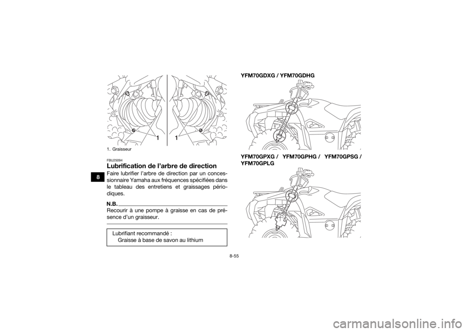 YAMAHA GRIZZLY 700 2016 Notices Demploi (in French) 8-55
8
FBU25094Lubrification de l’arbre de directionFaire lubrifier l’arbre de direction par un conces-
sionnaire Yamaha aux fréquences spécifiées dans
le tableau des entretiens et graissages p YAMAHA GRIZZLY 700 2016 Notices Demploi (in French) 8-55
8
FBU25094Lubrification de l’arbre de directionFaire lubrifier l’arbre de direction par un conces-
sionnaire Yamaha aux fréquences spécifiées dans
le tableau des entretiens et graissages p