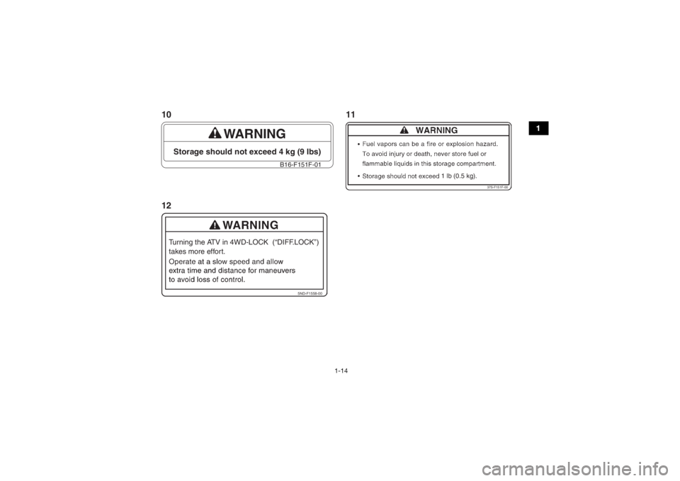 YAMAHA GRIZZLY 700 2016 Notices Demploi (in French) 1-14
1
WARNING
Storage should not exceed 4 kg (9 lbs)
B16-F151F-01
1 lb (0.5 kg).
37S-F151F-00
5ND-F1558-00
Turning the ATV in 4WD-LOCK (“DIFF.LOCK”)
takes more effort.1011
12
U2UD60F0.book Pag YAMAHA GRIZZLY 700 2016 Notices Demploi (in French) 1-14
1
WARNING
Storage should not exceed 4 kg (9 lbs)
B16-F151F-01
1 lb (0.5 kg).
37S-F151F-00
5ND-F1558-00
Turning the ATV in 4WD-LOCK (“DIFF.LOCK”)
takes more effort.1011
12
U2UD60F0.book Pag