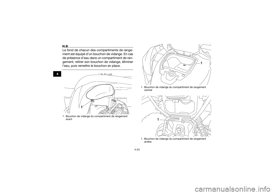 YAMAHA GRIZZLY 700 2016 Notices Demploi (in French) 4-24
4
N.B.Le fond de chacun des compartiments de range-
ment est équipé d’un bouchon de vidange. En cas
de présence d’eau dans un compartiment de ran-
gement, retirer son bouchon de vidange, YAMAHA GRIZZLY 700 2016 Notices Demploi (in French) 4-24
4
N.B.Le fond de chacun des compartiments de range-
ment est équipé d’un bouchon de vidange. En cas
de présence d’eau dans un compartiment de ran-
gement, retirer son bouchon de vidange,
