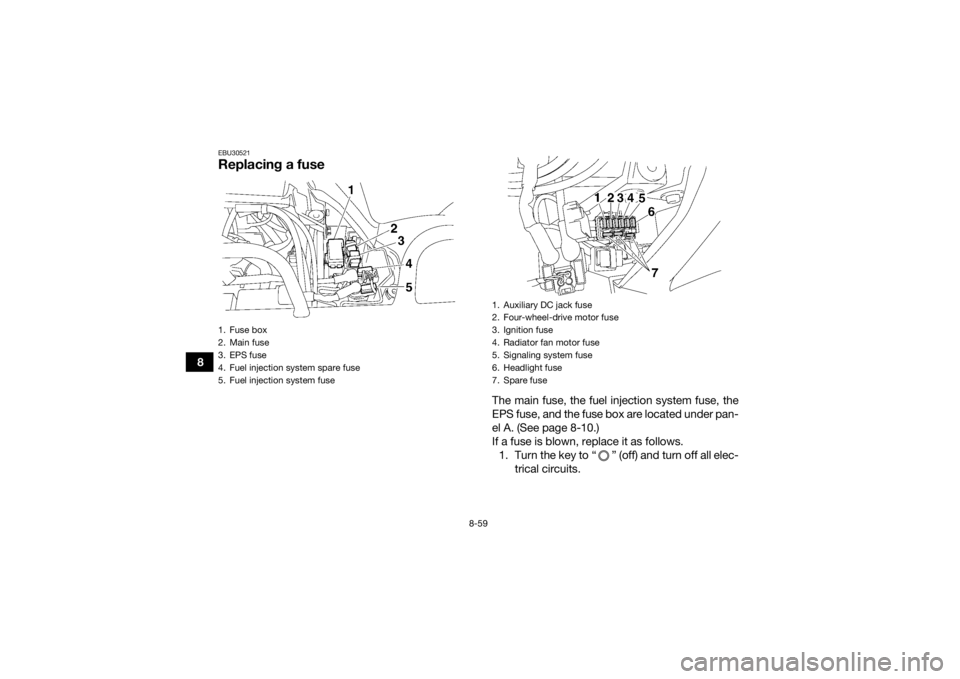 YAMAHA GRIZZLY 700 2015 Owners Manual 8-59
8
EBU30521Replacing a fuse
The main fuse, the fuel injection system fuse, the
EPS fuse, and the fuse box are located under pan-
el A. (See page 8-10.)
If a fuse is blown, replace it as follows.1. YAMAHA GRIZZLY 700 2015 Owners Manual 8-59
8
EBU30521Replacing a fuse
The main fuse, the fuel injection system fuse, the
EPS fuse, and the fuse box are located under pan-
el A. (See page 8-10.)
If a fuse is blown, replace it as follows.1.