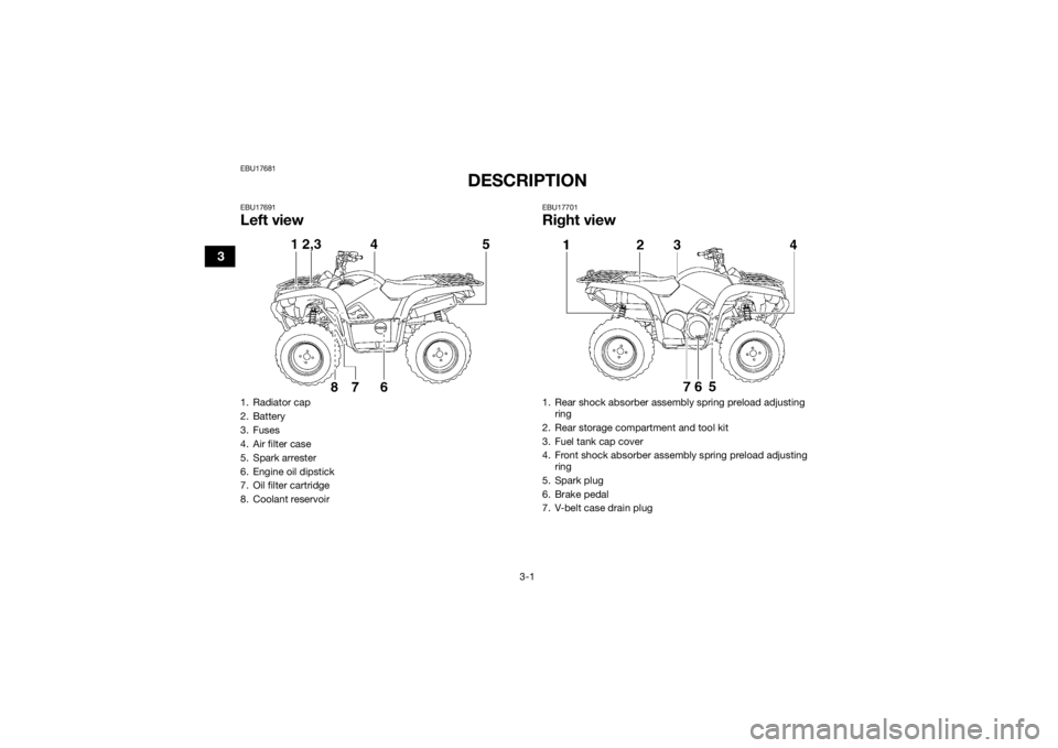 YAMAHA GRIZZLY 700 2015 Owners Manual 3-1
3
EBU17681
DESCRIPTION
EBU17691Left view
EBU17701Right view
1. Radiator cap
2. Battery
3. Fuses
4. Air filter case
5. Spark arrester
6. Engine oil dipstick
7. Oil filter cartridge
8. Coolant reser YAMAHA GRIZZLY 700 2015 Owners Manual 3-1
3
EBU17681
DESCRIPTION
EBU17691Left view
EBU17701Right view
1. Radiator cap
2. Battery
3. Fuses
4. Air filter case
5. Spark arrester
6. Engine oil dipstick
7. Oil filter cartridge
8. Coolant reser