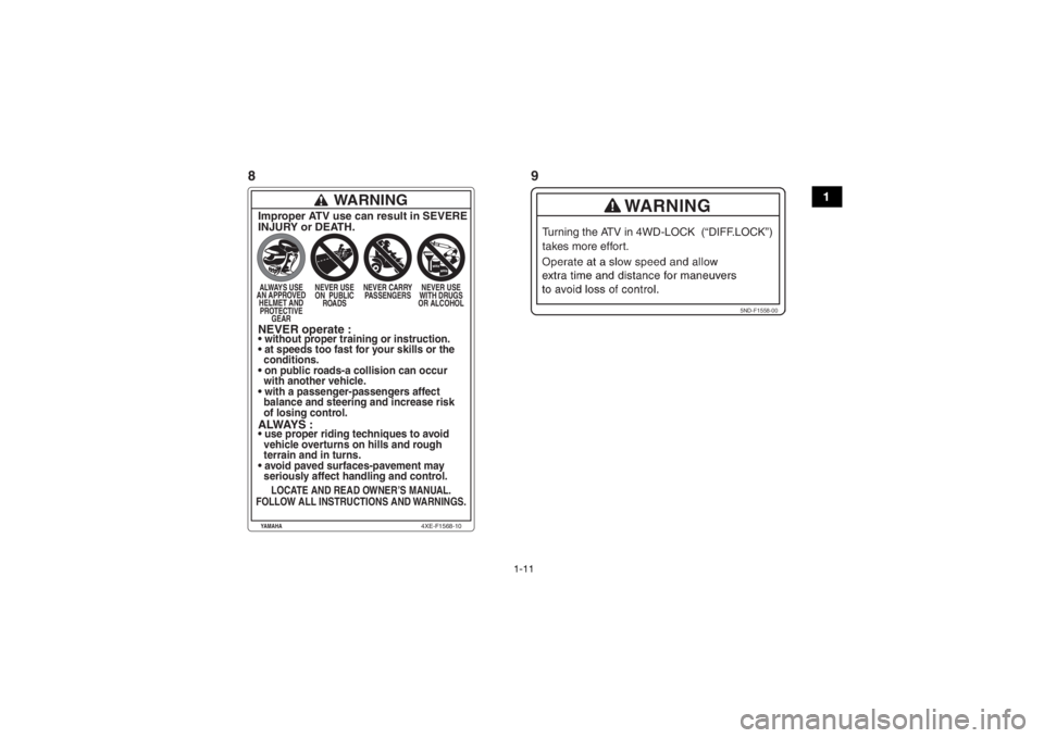 YAMAHA GRIZZLY 700 2015  Manuale de Empleo (in Spanish) 1-11
1
5ND-F1558-00
Turning the ATV in 4WD-LOCK  (“DIFF.LOCK”) 
takes more effort.
WARNING
Improper ATV use can result in SEVERE
INJURY or DEATH.ALWAYS USE 
AN APPROVED  HELMET AND PROTECTIVE  GEA