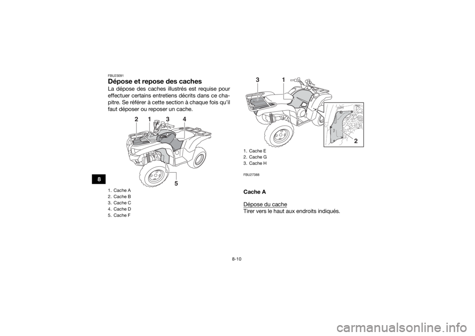 YAMAHA GRIZZLY 700 2015 Notices Demploi (in French) 8-10
8
FBU23091Dépose et repose des cachesLa dépose des caches illustrés est requise pour
effectuer certains entretiens décrits dans ce cha-
pitre. Se référer à cette section à chaque fois qu YAMAHA GRIZZLY 700 2015 Notices Demploi (in French) 8-10
8
FBU23091Dépose et repose des cachesLa dépose des caches illustrés est requise pour
effectuer certains entretiens décrits dans ce cha-
pitre. Se référer à cette section à chaque fois qu