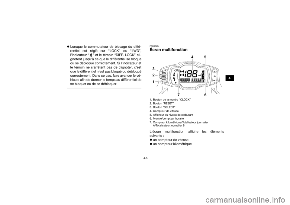 YAMAHA GRIZZLY 700 2015 Notices Demploi (in French) 4-5
4 Lorsque le commutateur de blocage du diffé-
rentiel est réglé sur “LOCK” ou “4WD”,
l’indicateur “ ” et le témoin “DIFF. LOCK” cli-
gnotent jusqu’à ce que le différen YAMAHA GRIZZLY 700 2015 Notices Demploi (in French) 4-5
4 Lorsque le commutateur de blocage du diffé-
rentiel est réglé sur “LOCK” ou “4WD”,
l’indicateur “ ” et le témoin “DIFF. LOCK” cli-
gnotent jusqu’à ce que le différen