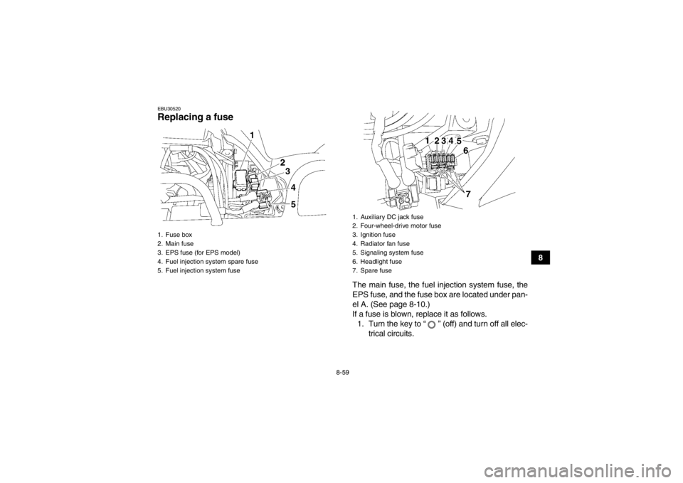 YAMAHA GRIZZLY 700 2014  Owners Manual 8-59
8
EBU30520Replacing a fuse 
The main fuse, the fuel injection system fuse, the
EPS fuse, and the fuse box are located under pan-
el A. (See page 8-10.)
If a fuse is blown, replace it as follows.1