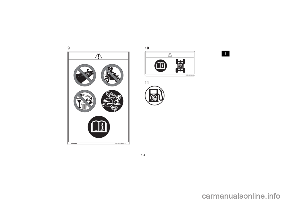 YAMAHA GRIZZLY 700 2014 Manuale de Empleo (in Spanish) 1-4
1
37S-F816S-00
1P0-F816R-00
YAMAHA
910
11
U2BG60S0.book Page 4 Monday, May 20, 2013 3:11 PM YAMAHA GRIZZLY 700 2014 Manuale de Empleo (in Spanish) 1-4
1
37S-F816S-00
1P0-F816R-00
YAMAHA
910
11
U2BG60S0.book Page 4 Monday, May 20, 2013 3:11 PM