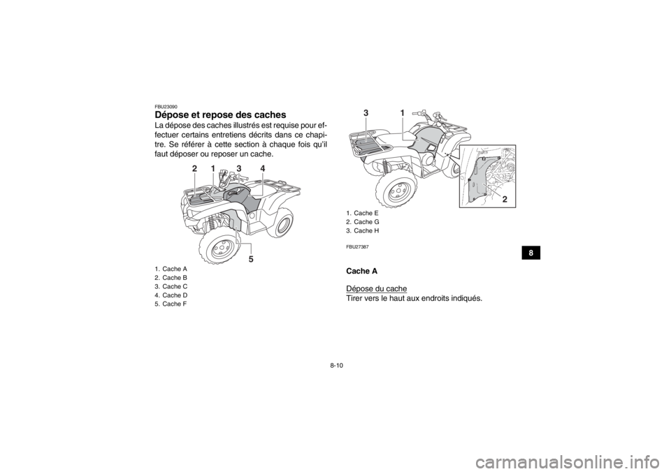 YAMAHA GRIZZLY 700 2014  Notices Demploi (in French) 8-10
8
FBU23090Dépose et repose des caches La dépose des caches illustrés est requise pour ef-
fectuer certains entretiens décrits dans ce chapi-
tre. Se référer à cette section à chaque fois 