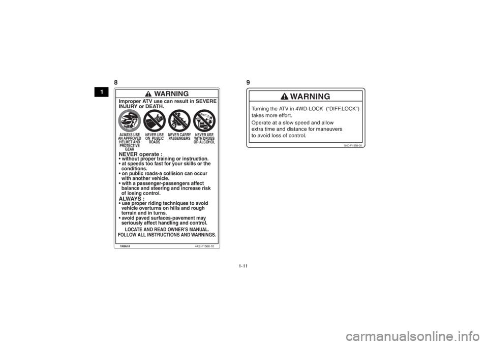 YAMAHA GRIZZLY 700 2014 Notices Demploi (in French) 1-11
1
5ND-F1558-00
Turning the ATV in 4WD-LOCK (“DIFF.LOCK”)
takes more effort.
WARNING
Improper ATV use can result in SEVERE
INJURY or DEATH.ALWAYS USE
AN APPROVED HELMET AND PROTECTIVE GEA YAMAHA GRIZZLY 700 2014 Notices Demploi (in French) 1-11
1
5ND-F1558-00
Turning the ATV in 4WD-LOCK (“DIFF.LOCK”)
takes more effort.
WARNING
Improper ATV use can result in SEVERE
INJURY or DEATH.ALWAYS USE
AN APPROVED HELMET AND PROTECTIVE GEA