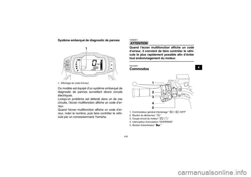 YAMAHA GRIZZLY 700 2014 Notices Demploi (in French) 4-8
4
Système embarqué de diagnostic de pannes
Ce modèle est équipé d’un système embarqué de
diagnostic de pannes surveillant divers circuits
électriques.
Lorsqu’un problème est détecté YAMAHA GRIZZLY 700 2014 Notices Demploi (in French) 4-8
4
Système embarqué de diagnostic de pannes
Ce modèle est équipé d’un système embarqué de
diagnostic de pannes surveillant divers circuits
électriques.
Lorsqu’un problème est détecté