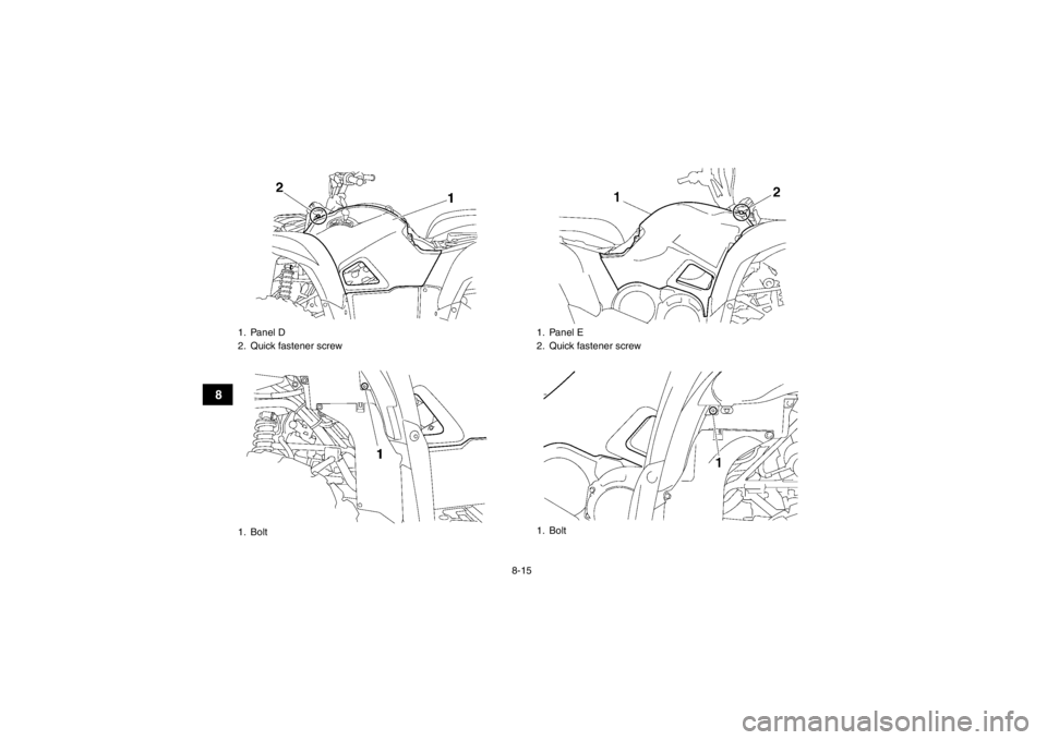 YAMAHA GRIZZLY 700 2013  Owners Manual 8-15
8
1. Panel D
2. Quick fastener screw
1. Bolt
1. Panel E
2. Quick fastener screw
1. Bolt
U1HP61E0.book  Page 15  Thursday, April 5, 2012  3:33 PM 