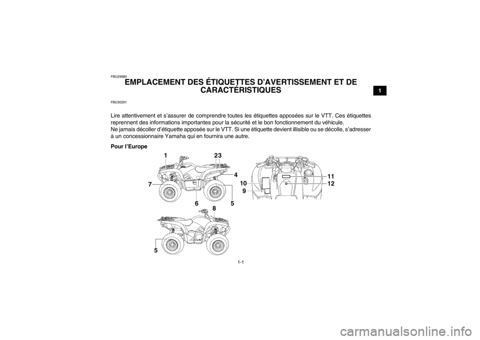 YAMAHA GRIZZLY 700 2013  Notices Demploi (in French) 1-1
1
FBU29680
EMPLACEMENT DES ÉTIQUETTES D’AVERTISSEMENT ET DE CARACTÉRISTIQUES 
FBU30291Lire attentivement et s’assurer de comprendre toutes les étiquettes apposées sur le VTT. Ces étiquett