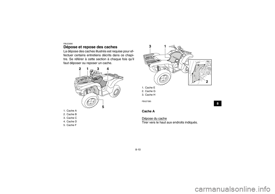 YAMAHA GRIZZLY 700 2013  Notices Demploi (in French) 8-10
8
FBU23090Dépose et repose des caches La dépose des caches illustrés est requise pour ef-
fectuer certains entretiens décrits dans ce chapi-
tre. Se référer à cette section à chaque fois 