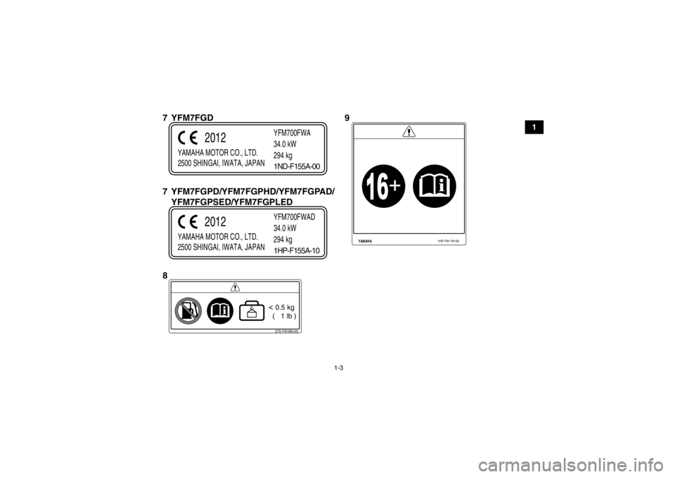 YAMAHA GRIZZLY 700 2013  Notices Demploi (in French) 1-3
1
YAMAHA MOTOR CO., LTD.
2500 SHINGAI, IWATA, JAPANYFM700FWA
34.0 kW
294 kg
2012
1ND-F155A-0037S-F816N-00< 0.5 kg
  (   1 lb )
YAMAHA MOTOR CO., LTD.
2500 SHINGAI, IWATA, JAPAN YFM700FWAD
34.0 kW
