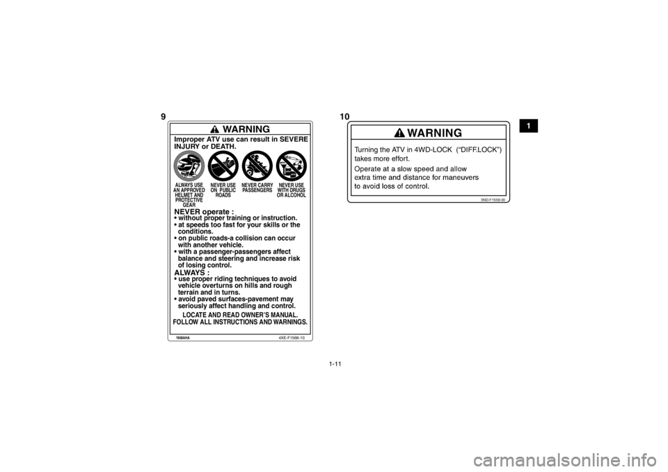 YAMAHA GRIZZLY 700 2013 Notices Demploi (in French) 1-11
1
5ND-F1558-00
Turning the ATV in 4WD-LOCK (“DIFF.LOCK”)
takes more effort.
WARNING
Improper ATV use can result in SEVERE
INJURY or DEATH.ALWAYS USE
AN APPROVED HELMET ANDPROTECTIVE GEAR NE YAMAHA GRIZZLY 700 2013 Notices Demploi (in French) 1-11
1
5ND-F1558-00
Turning the ATV in 4WD-LOCK (“DIFF.LOCK”)
takes more effort.
WARNING
Improper ATV use can result in SEVERE
INJURY or DEATH.ALWAYS USE
AN APPROVED HELMET ANDPROTECTIVE GEAR NE