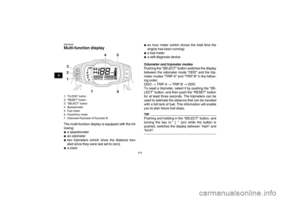 YAMAHA GRIZZLY 700 2012 Owners Guide 4-5
4
EBU30490Multi-function display The multi-function display is equipped with the fol-
lowing:a speedometeran odometertwo tripmeters (which show the distance trav-
eled since they were last set 