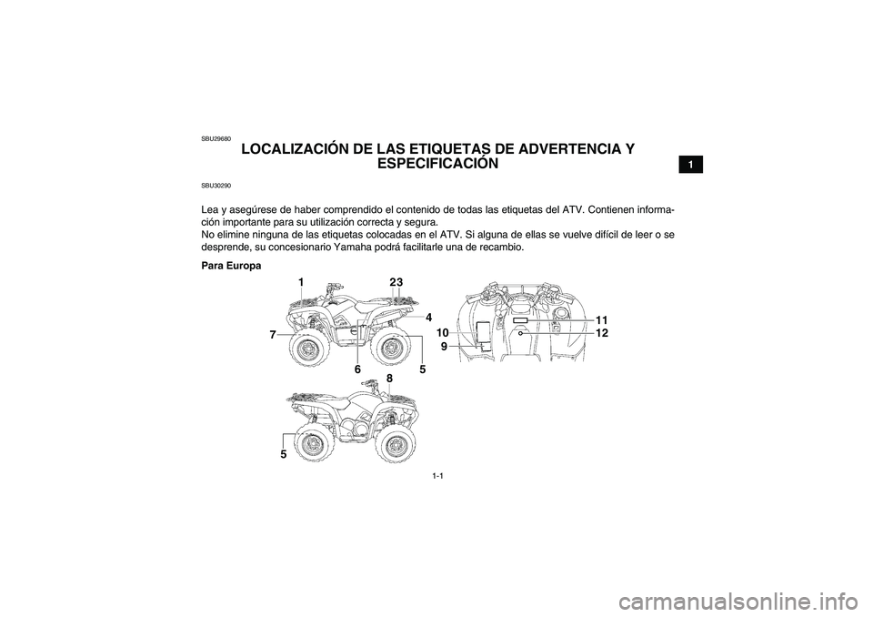 YAMAHA GRIZZLY 700 2012  Manuale de Empleo (in Spanish) 1-1
1
SBU29680
LOCALIZACIÓN DE LAS ETIQUETAS DE ADVERTENCIA Y 
ESPECIFICACIÓN 
SBU30290Lea y asegúrese de haber comprendido el contenido de todas las etiquetas del ATV. Contienen informa-
ción imp