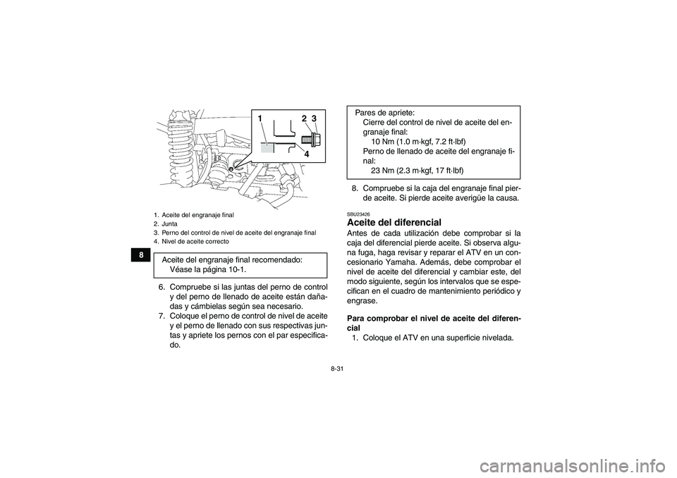 YAMAHA GRIZZLY 700 2012 Manuale de Empleo (in Spanish) 8-31
8
6. Compruebe si las juntas del perno de control
y del perno de llenado de aceite están daña-
das y cámbielas según sea necesario.
7. Coloque el perno de control de nivel de aceite
y el pern YAMAHA GRIZZLY 700 2012 Manuale de Empleo (in Spanish) 8-31
8
6. Compruebe si las juntas del perno de control
y del perno de llenado de aceite están daña-
das y cámbielas según sea necesario.
7. Coloque el perno de control de nivel de aceite
y el pern