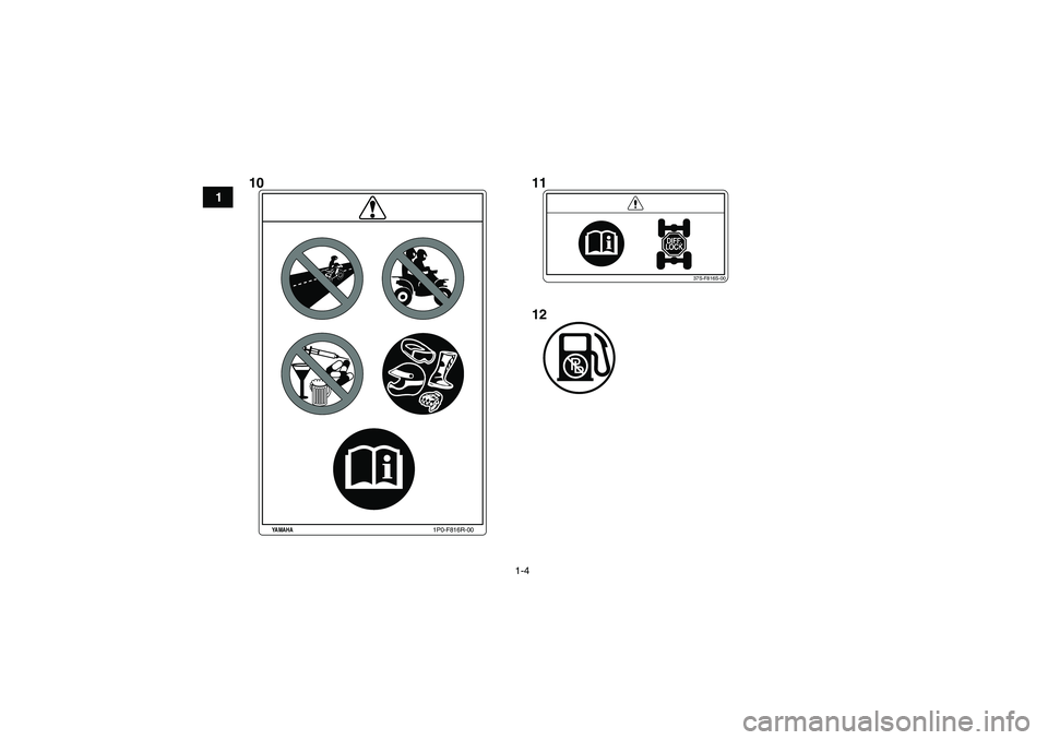 YAMAHA GRIZZLY 700 2012  Manuale de Empleo (in Spanish) 1-4
1
37S-F816S-00
1P0-F816R-00
YAMAHA
10 11
12
U1HP60S0.book  Page 4  Monday, April 11, 2011  1:39 PM 