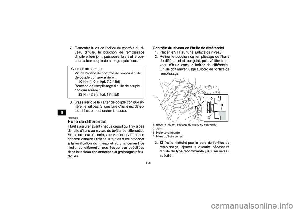 YAMAHA GRIZZLY 700 2012  Notices Demploi (in French) 8-31
87. Remonter la vis de l’orifice de contrôle du ni-
veau d’huile, le bouchon de remplissage
d’huile et leur joint, puis serrer la vis et le bou-
chon à leur couple de serrage spécifique.
