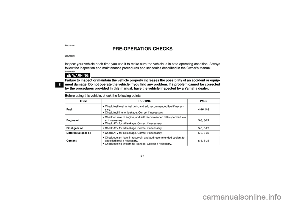 YAMAHA GRIZZLY 700 2011  Owners Manual 5-1
5
EBU19201
PRE-OPERATION CHECKS
EBU19224Inspect your vehicle each time you use it to make sure the vehicle is in safe operating condition. Always
follow the inspection and maintenance procedures a