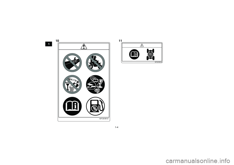YAMAHA GRIZZLY 700 2011  Manuale de Empleo (in Spanish) 1-4
1
43P-2816S-00
43P-2816R-01
10 11
U1DT60S0.book  Page 4  Wednesday, March 10, 2010  3:58 PM 