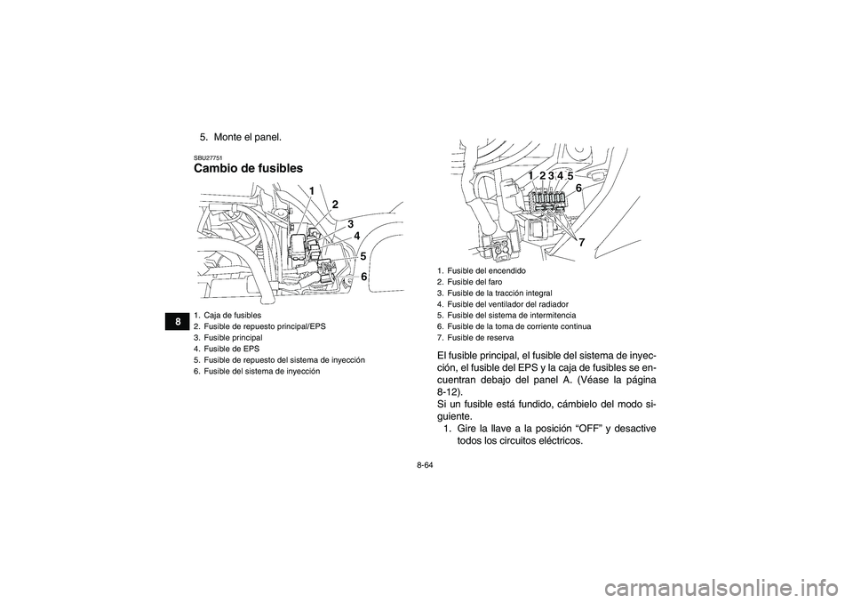 YAMAHA GRIZZLY 700 2011  Manuale de Empleo (in Spanish) 8-64
85. Monte el panel.
SBU27751Cambio de fusibles 
El fusible principal, el fusible del sistema de inyec-
ción, el fusible del EPS y la caja de fusibles se en-
cuentran debajo del panel A. (Véase 