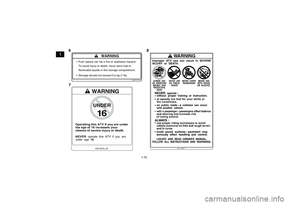YAMAHA GRIZZLY 700 2011  Manuale de Empleo (in Spanish) 1-10
1
8 6
7
U1DT60S0.book  Page 10  Wednesday, March 10, 2010  3:58 PM 