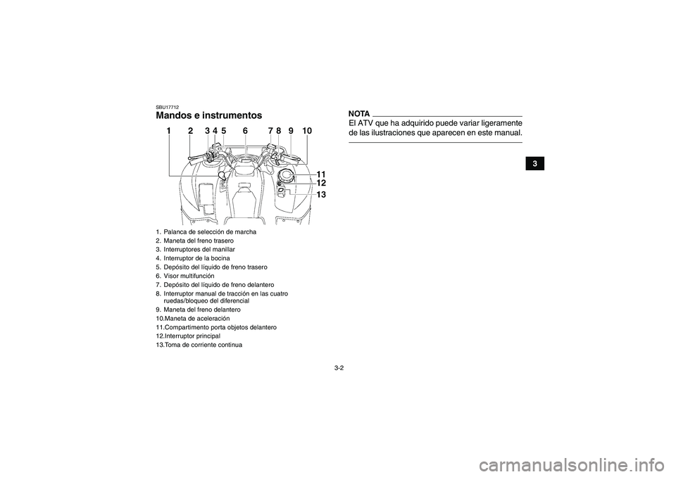 YAMAHA GRIZZLY 700 2011  Manuale de Empleo (in Spanish) 3-2
3
SBU17712Mandos e instrumentos
NOTAEl ATV que ha adquirido puede variar ligeramente
de las ilustraciones que aparecen en este manual.
1. Palanca de selección de marcha
2. Maneta del freno traser
