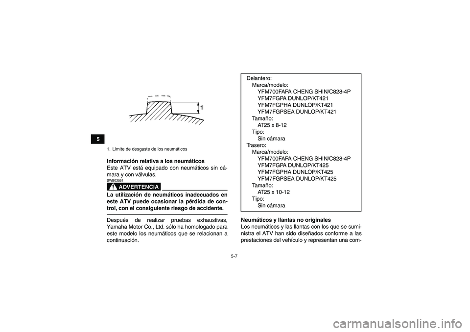 YAMAHA GRIZZLY 700 2011  Manuale de Empleo (in Spanish) 5-7
5
Información relativa a los neumáticos
Este ATV está equipado con neumáticos sin cá-
mara y con válvulas.
ADVERTENCIA
SWB02551La utilización de neumáticos inadecuados en
este ATV puede oc